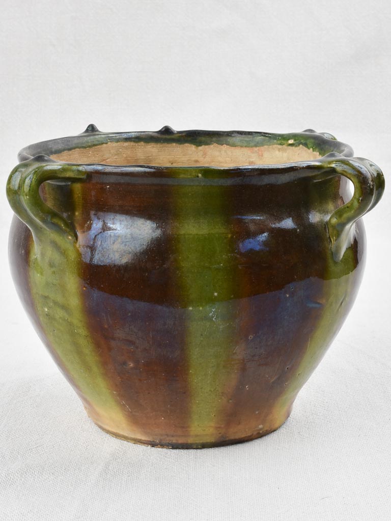 Green & black ceramic cache pot with 4 handles 8"
