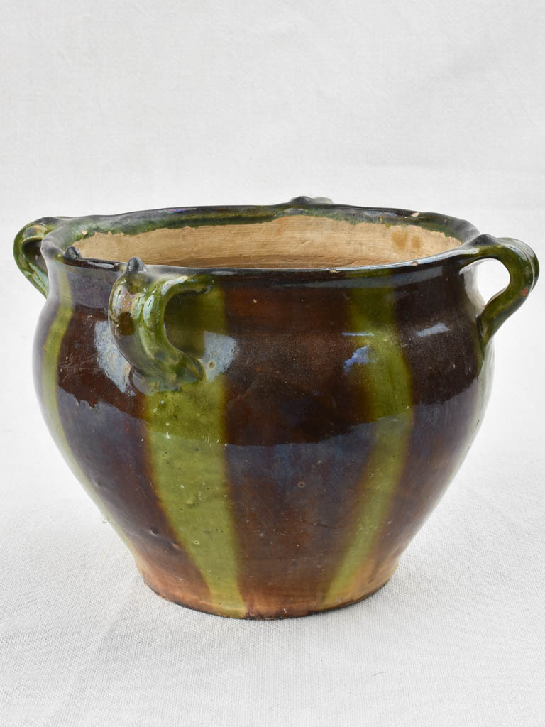 Green & black ceramic cache pot with 4 handles 8"