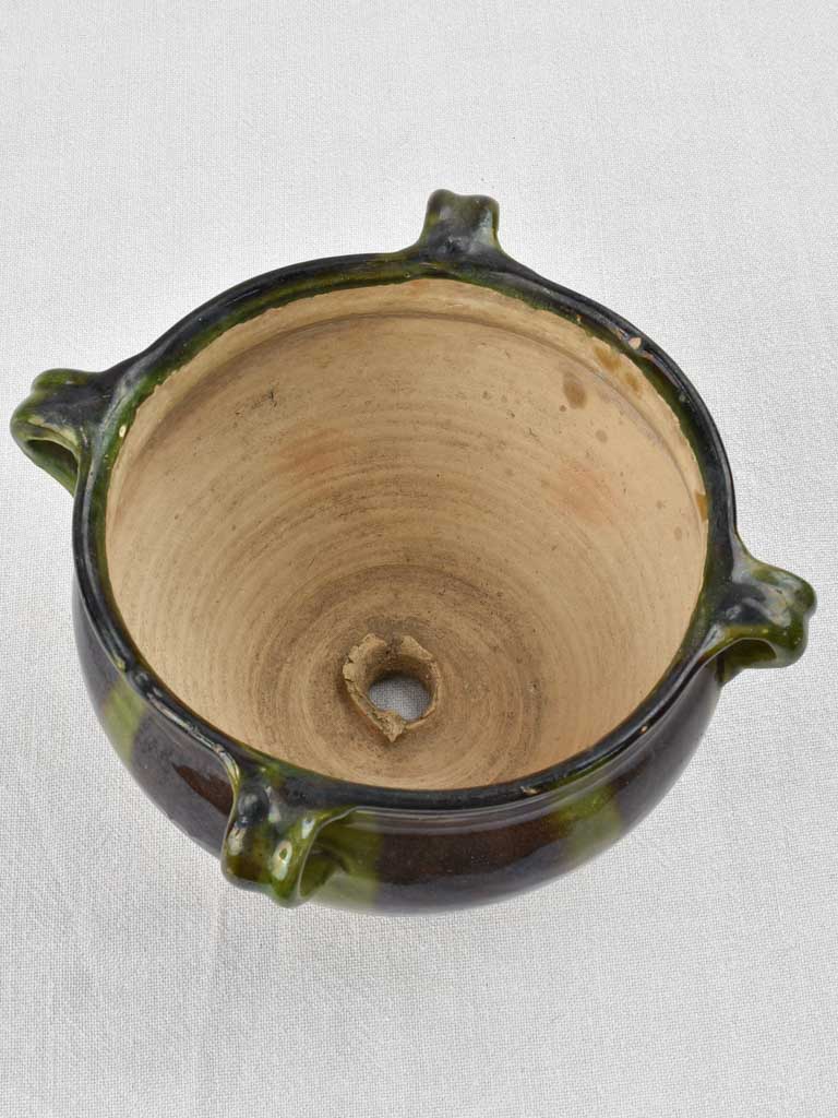 Green & black ceramic cache pot with 4 handles 8"