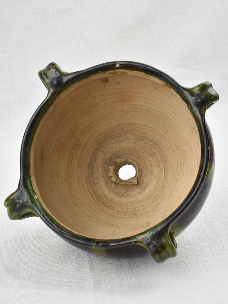 Green & black ceramic cache pot with 4 handles 8"