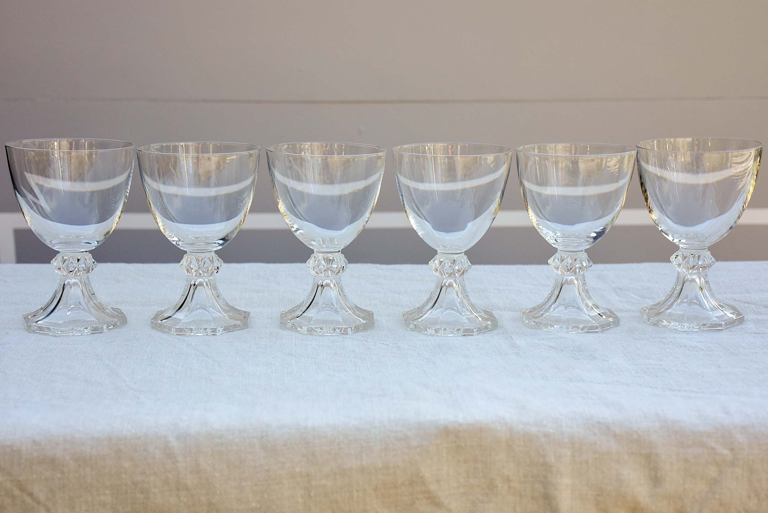 Six vintage crystal red wine glasses