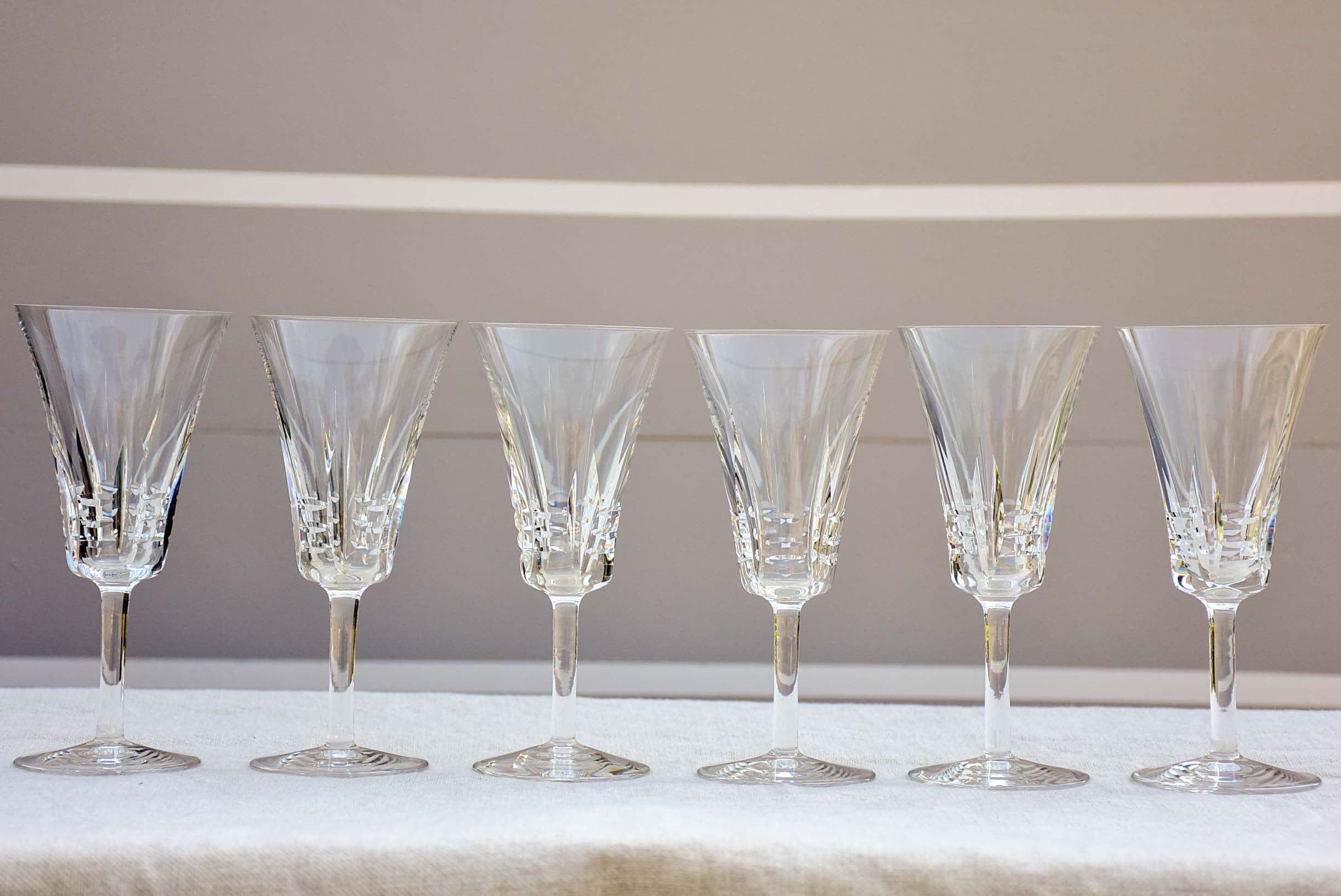 Vintage French crystal set of wine glasses, carafe and knife rests