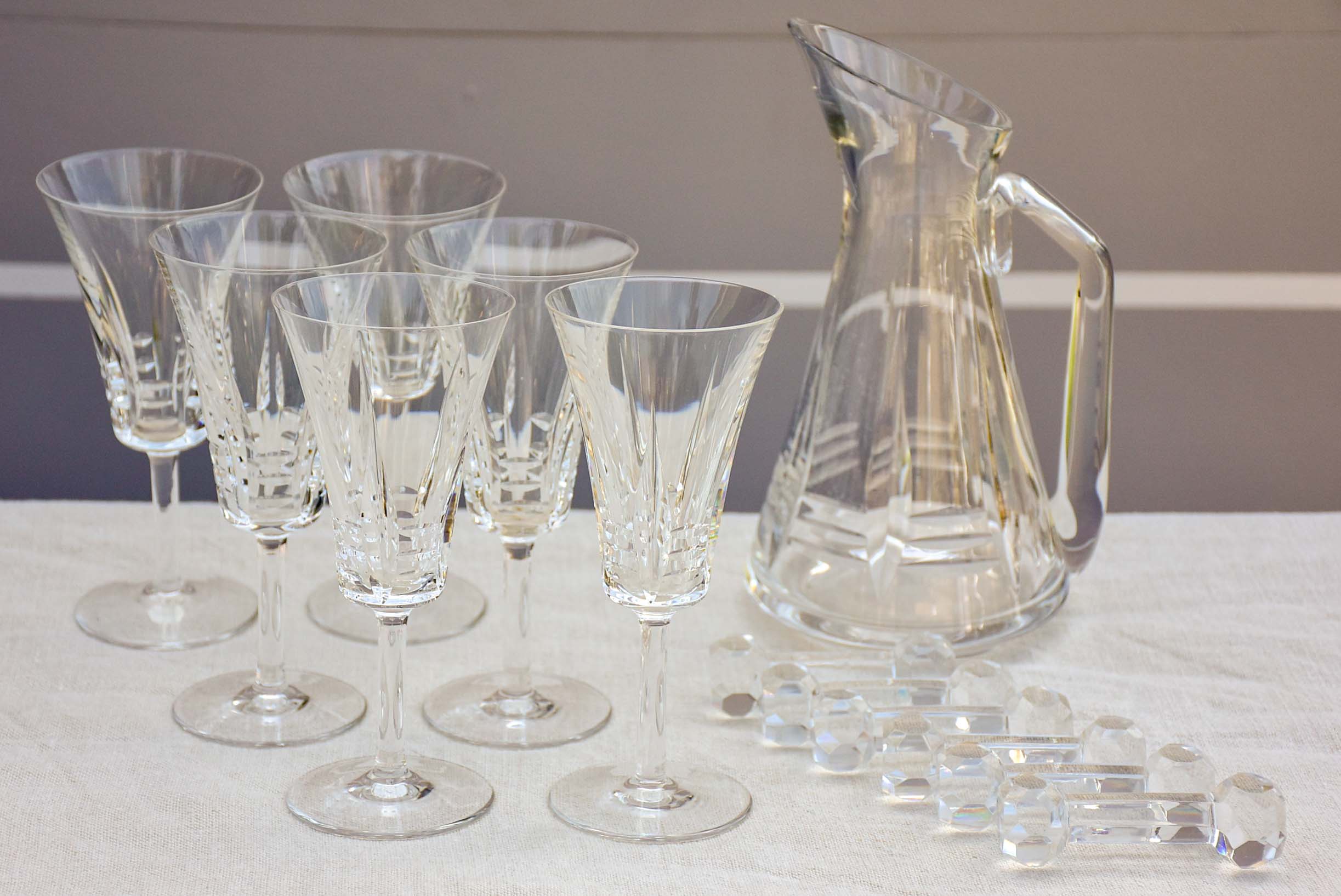 Vintage French crystal set of wine glasses, carafe and knife rests