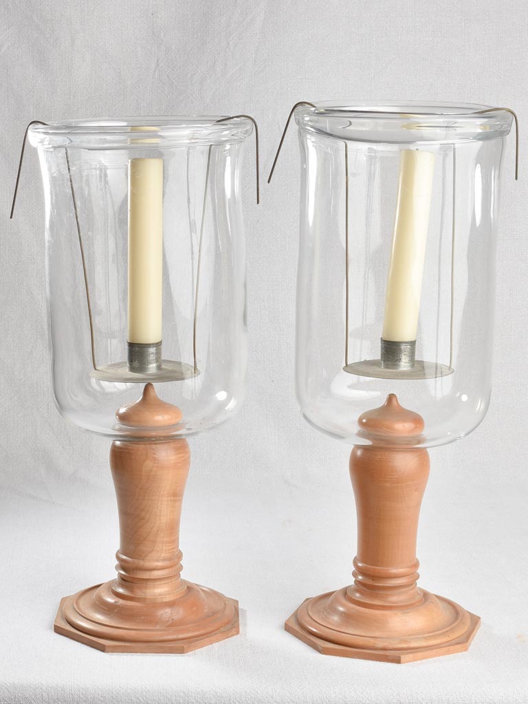 Hurricane lamps, beechwood & blown glass, 18½"
