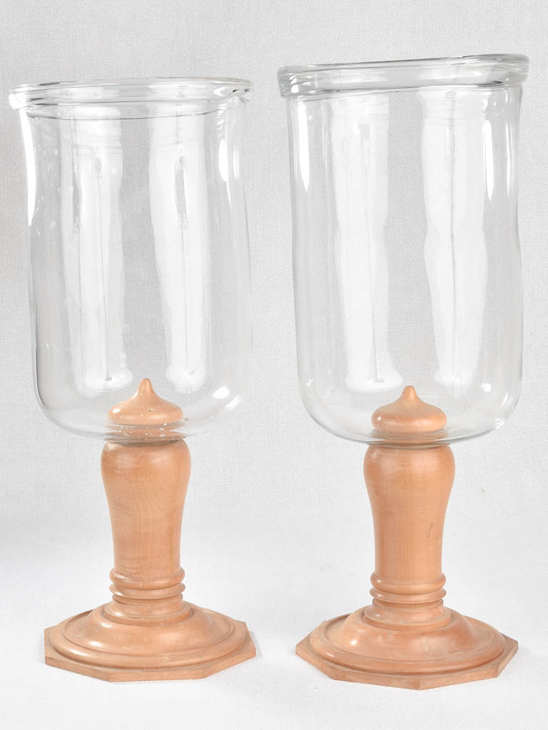 Hurricane lamps, beechwood & blown glass, 18½"