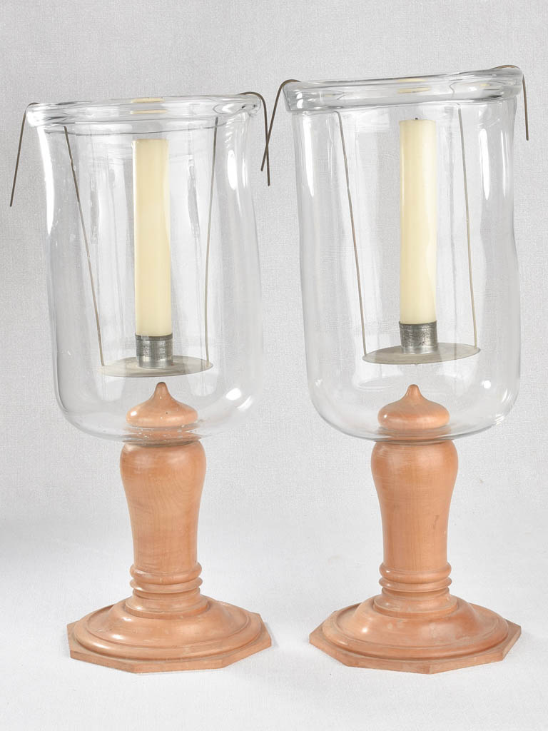 Hurricane lamps, beechwood & blown glass, 18½"