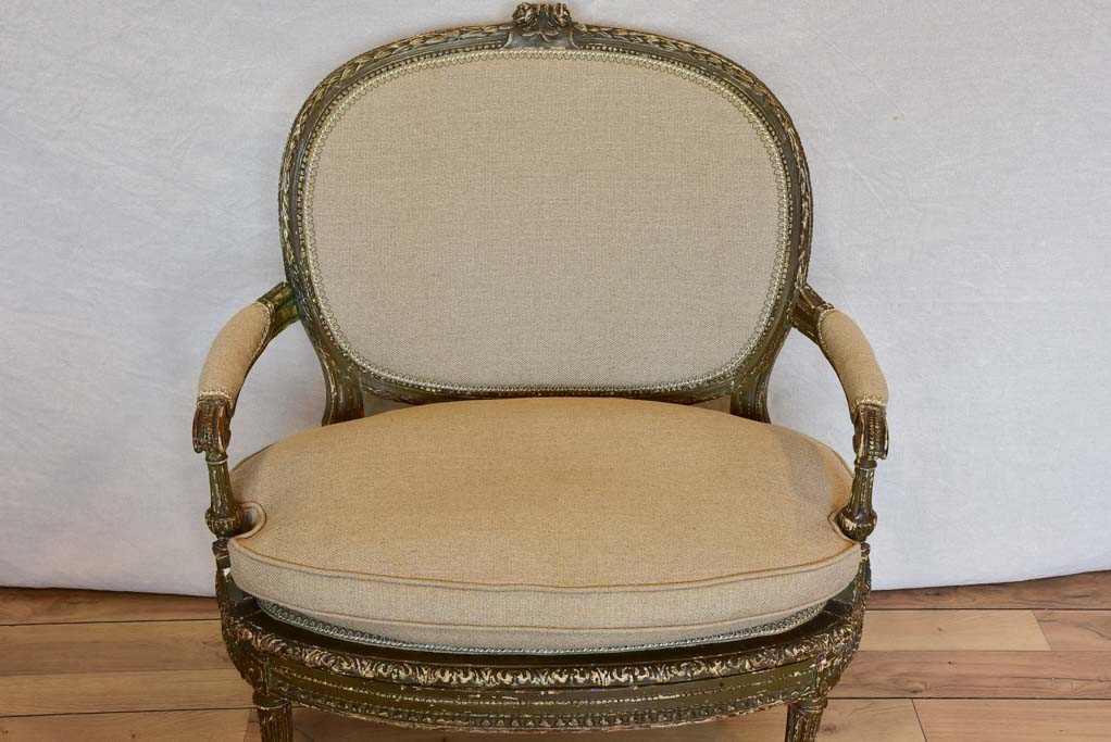 Fully Restored late 19th Century marquise armchair with dark green patina
