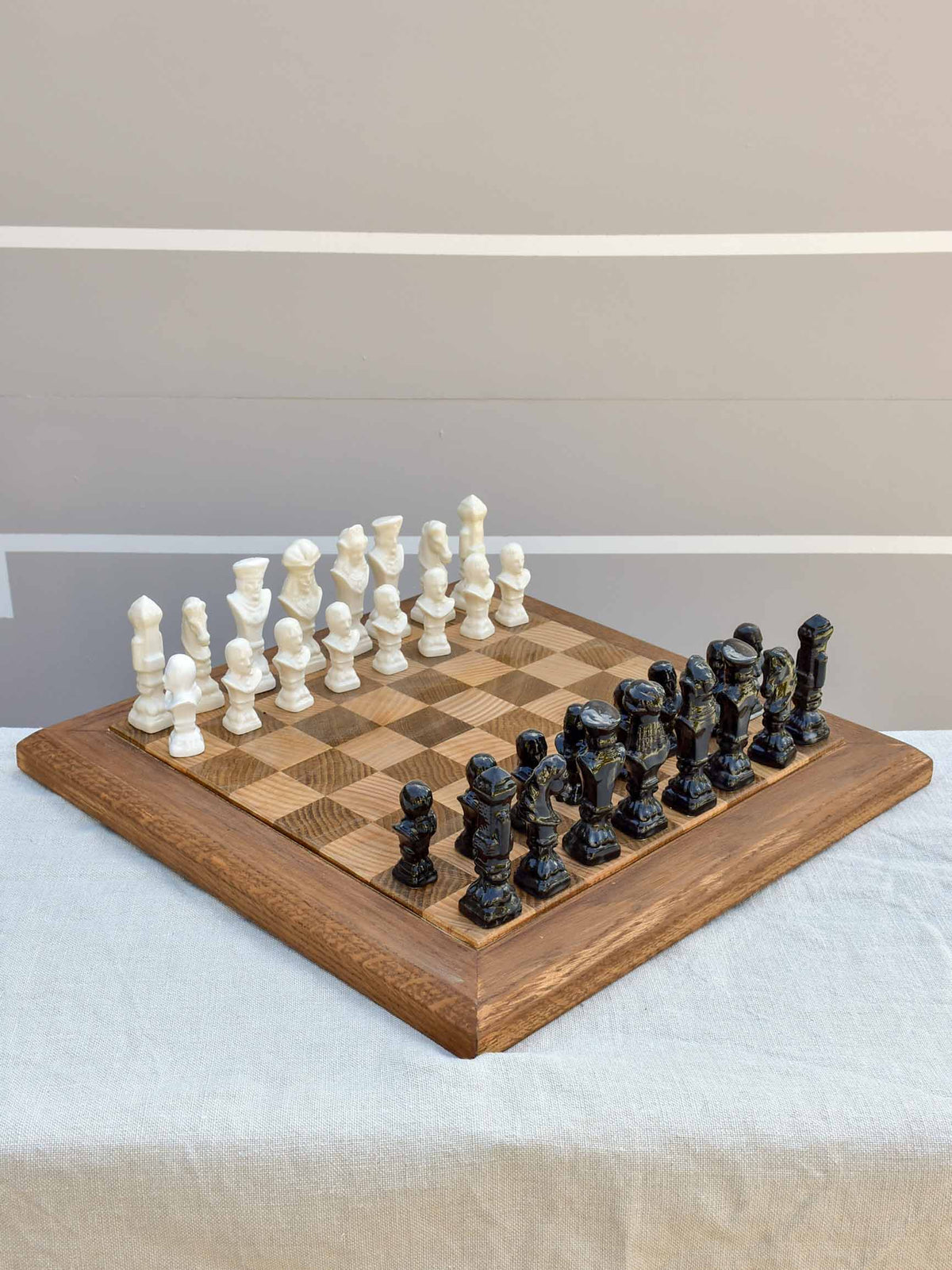 Vintage wooden chess board with porcelain pieces display picture 1
