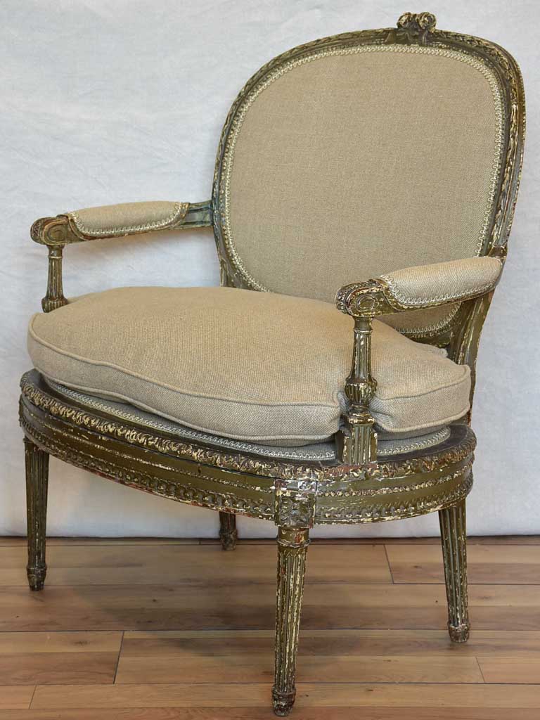 Fully Restored late 19th Century marquise armchair with dark green patina