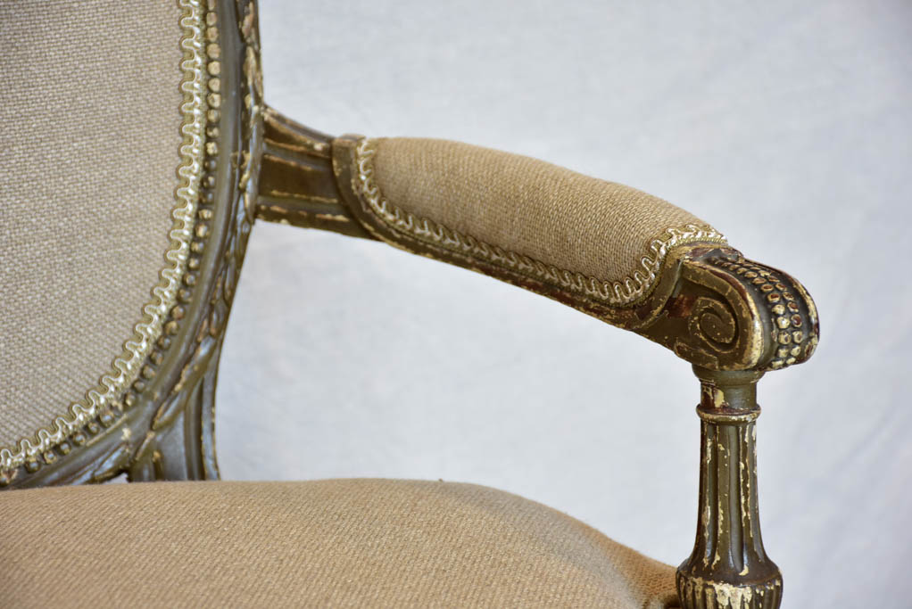 Fully Restored late 19th Century marquise armchair with dark green patina