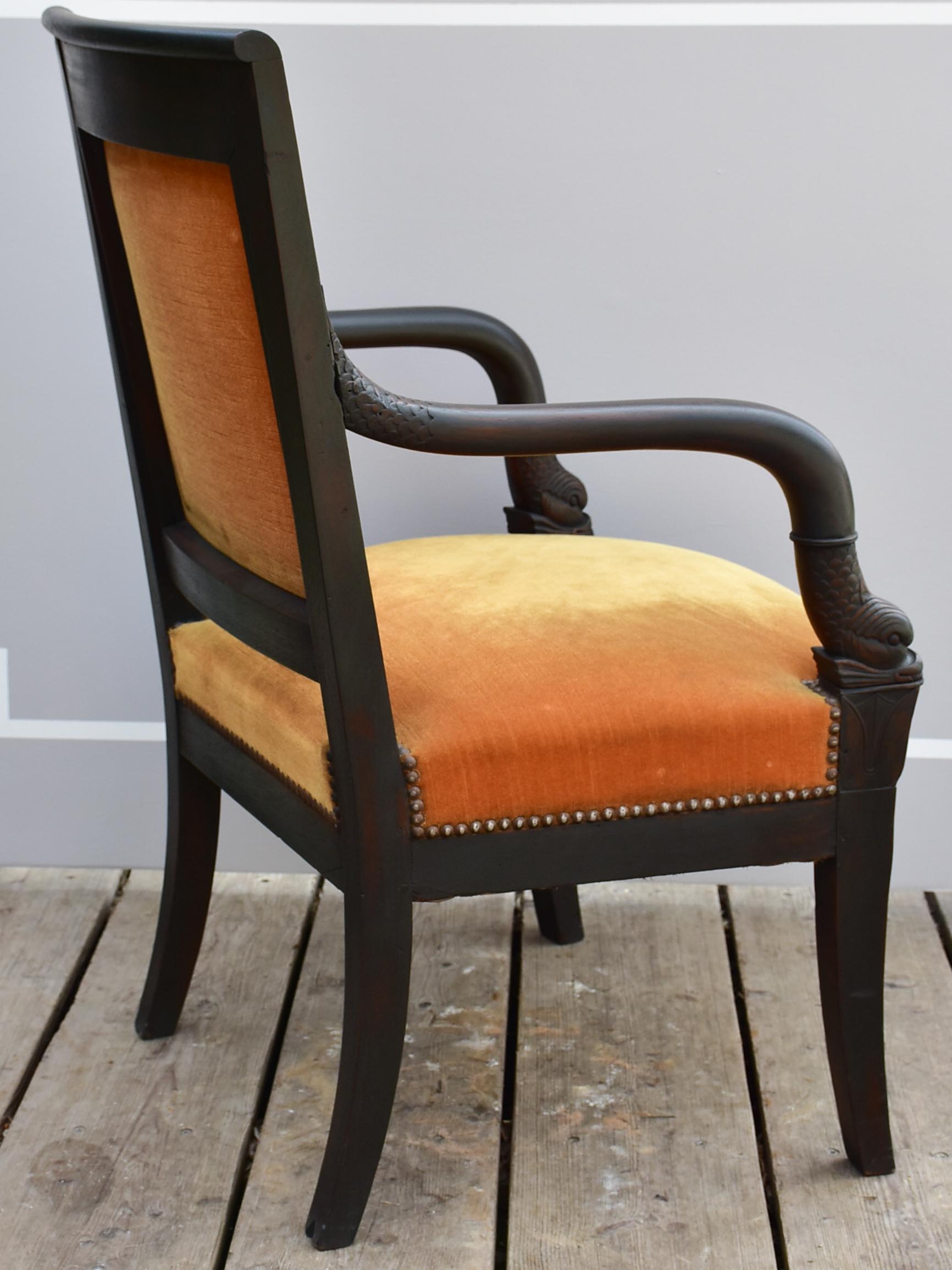 Curry-coloured velvet Empire armchair