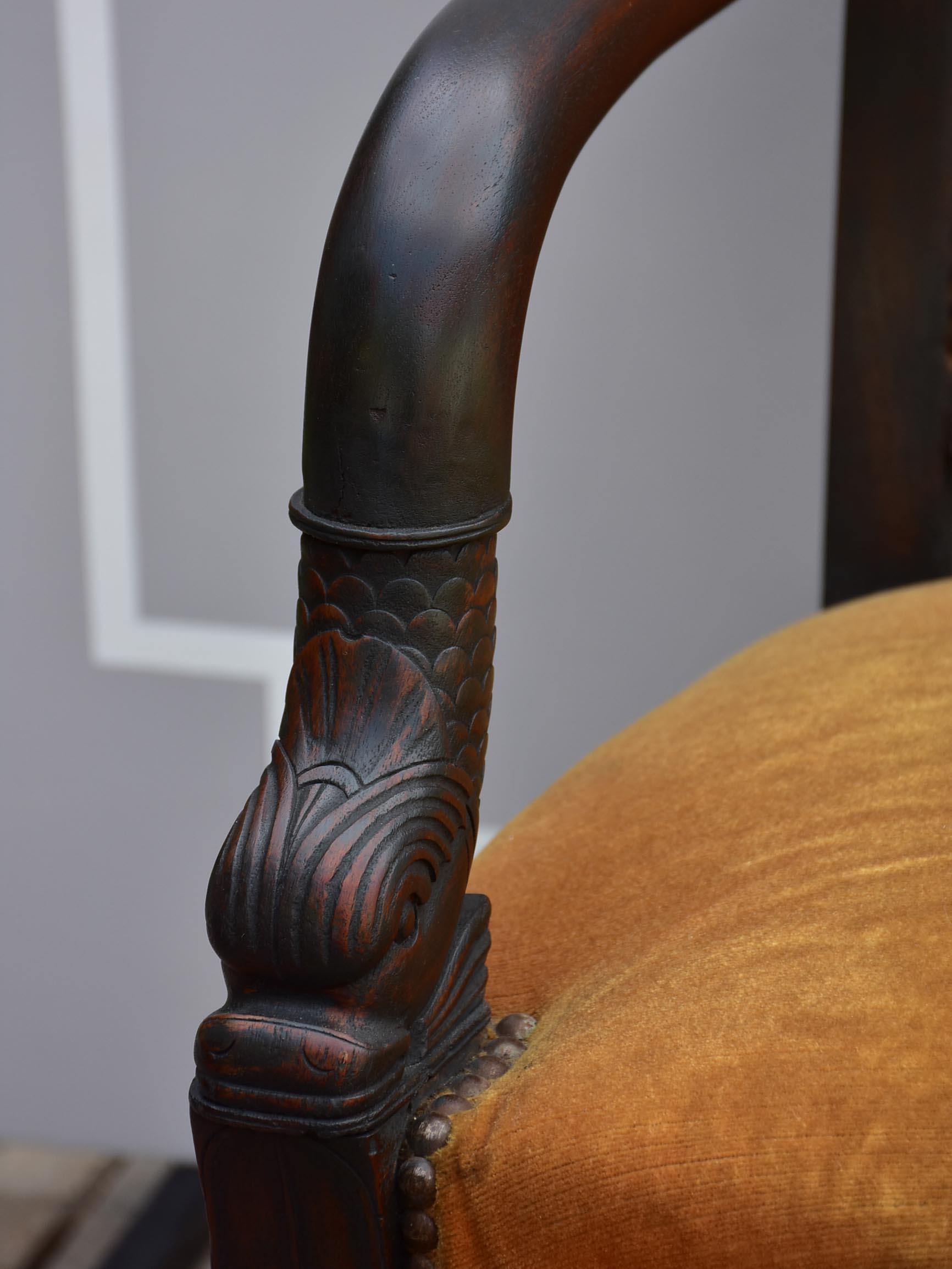 Charming Dolphin-carvings on antique armchair