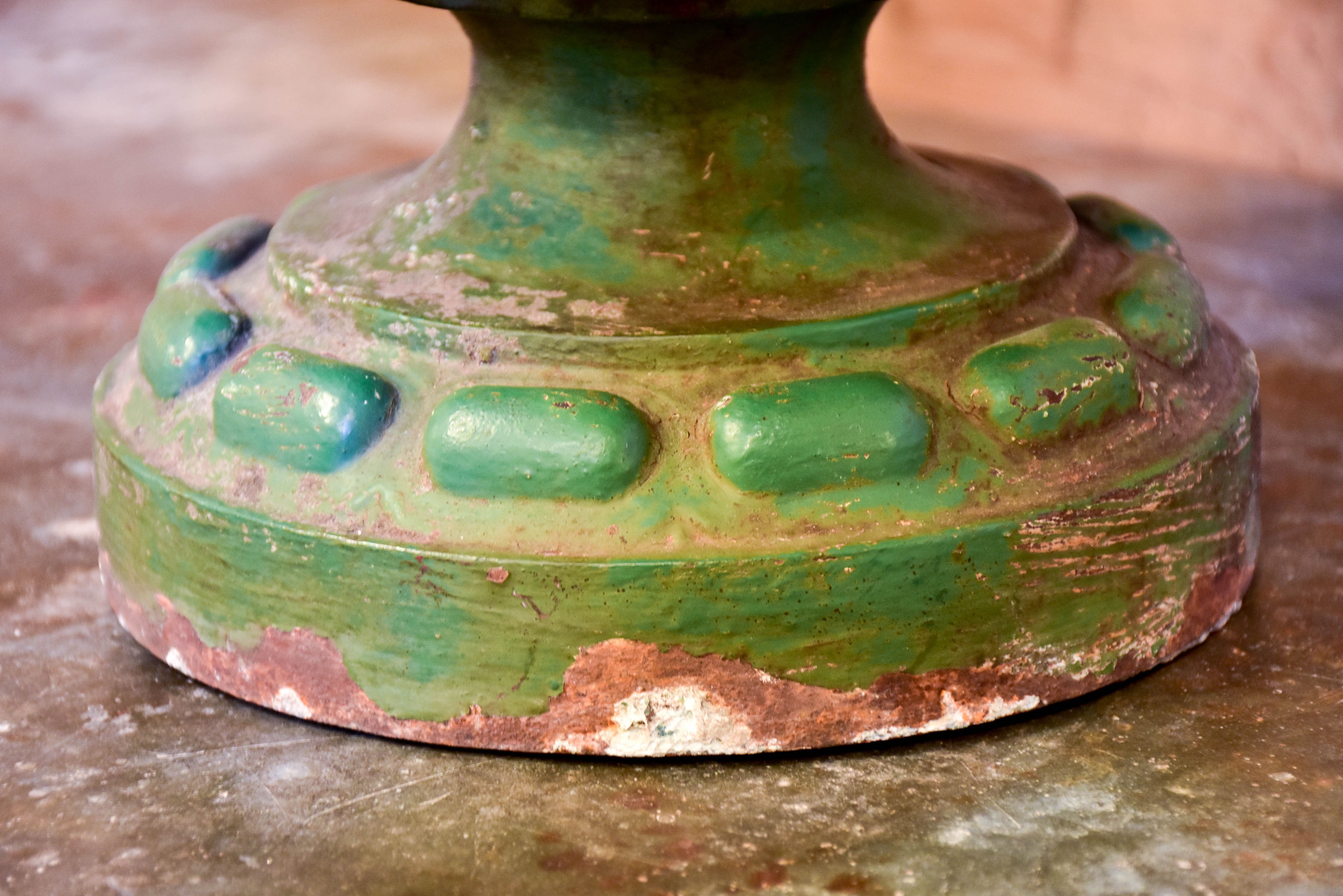 Antique French garden urn with green patina