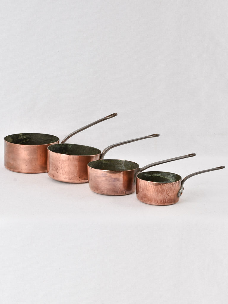 4 antique French copper saucepans