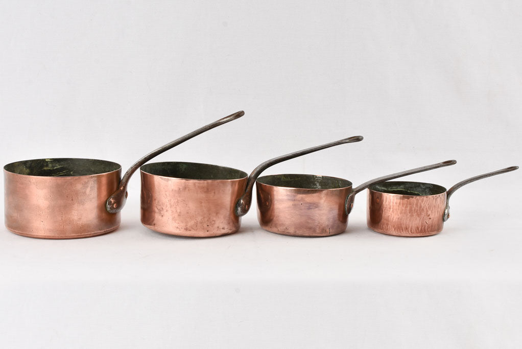 4 antique French copper saucepans