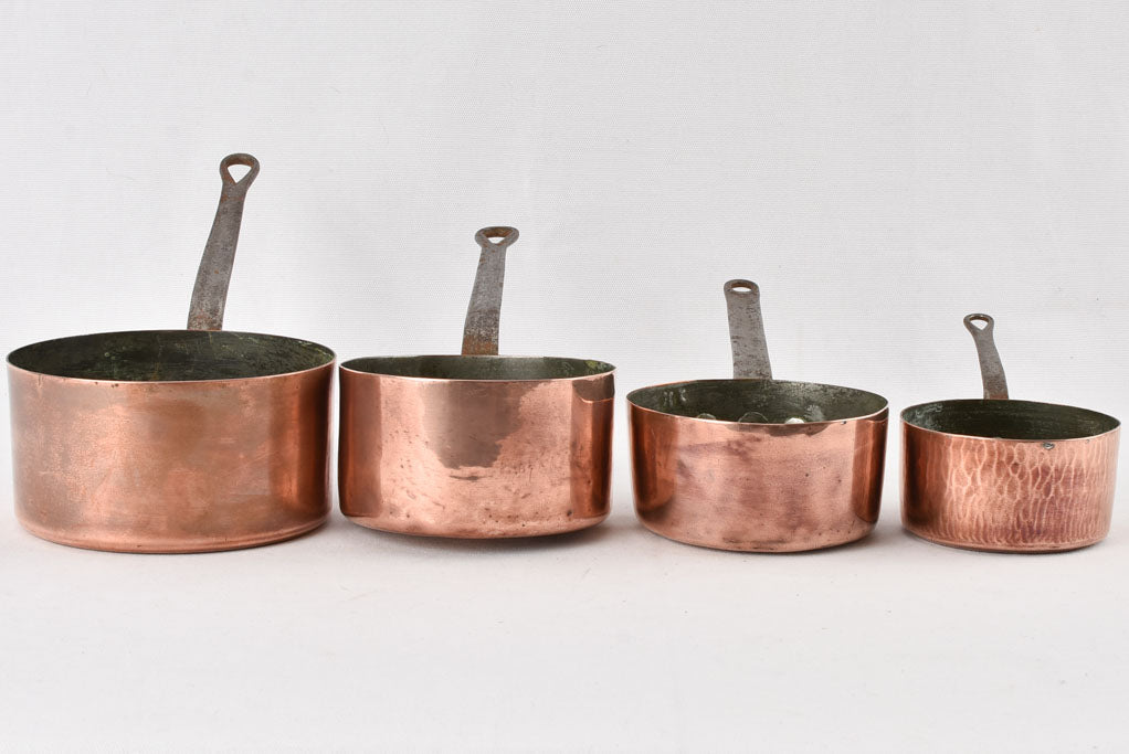 4 antique French copper saucepans