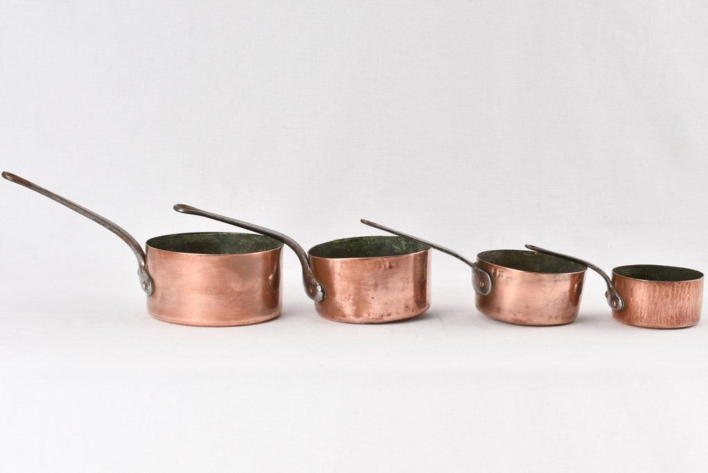 4 antique French copper saucepans
