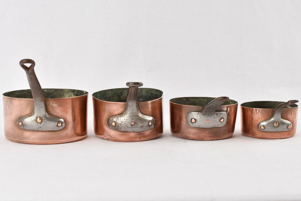 4 antique French copper saucepans