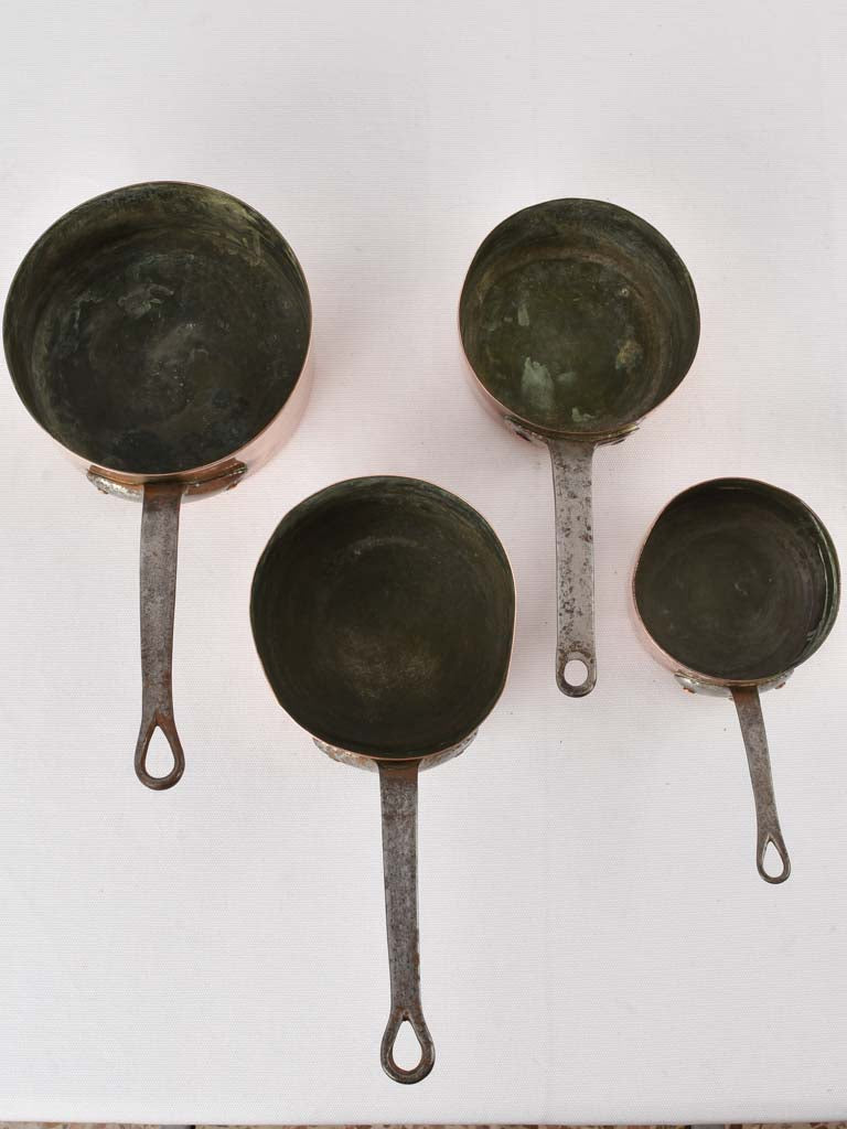 4 antique French copper saucepans