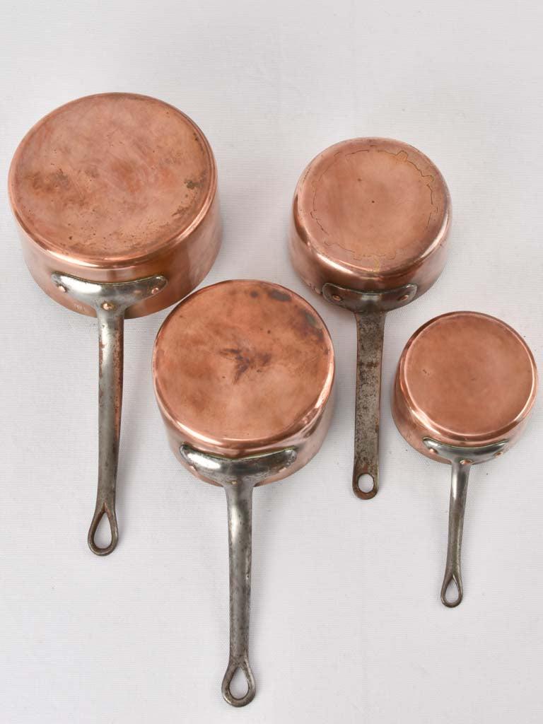 4 antique French copper saucepans