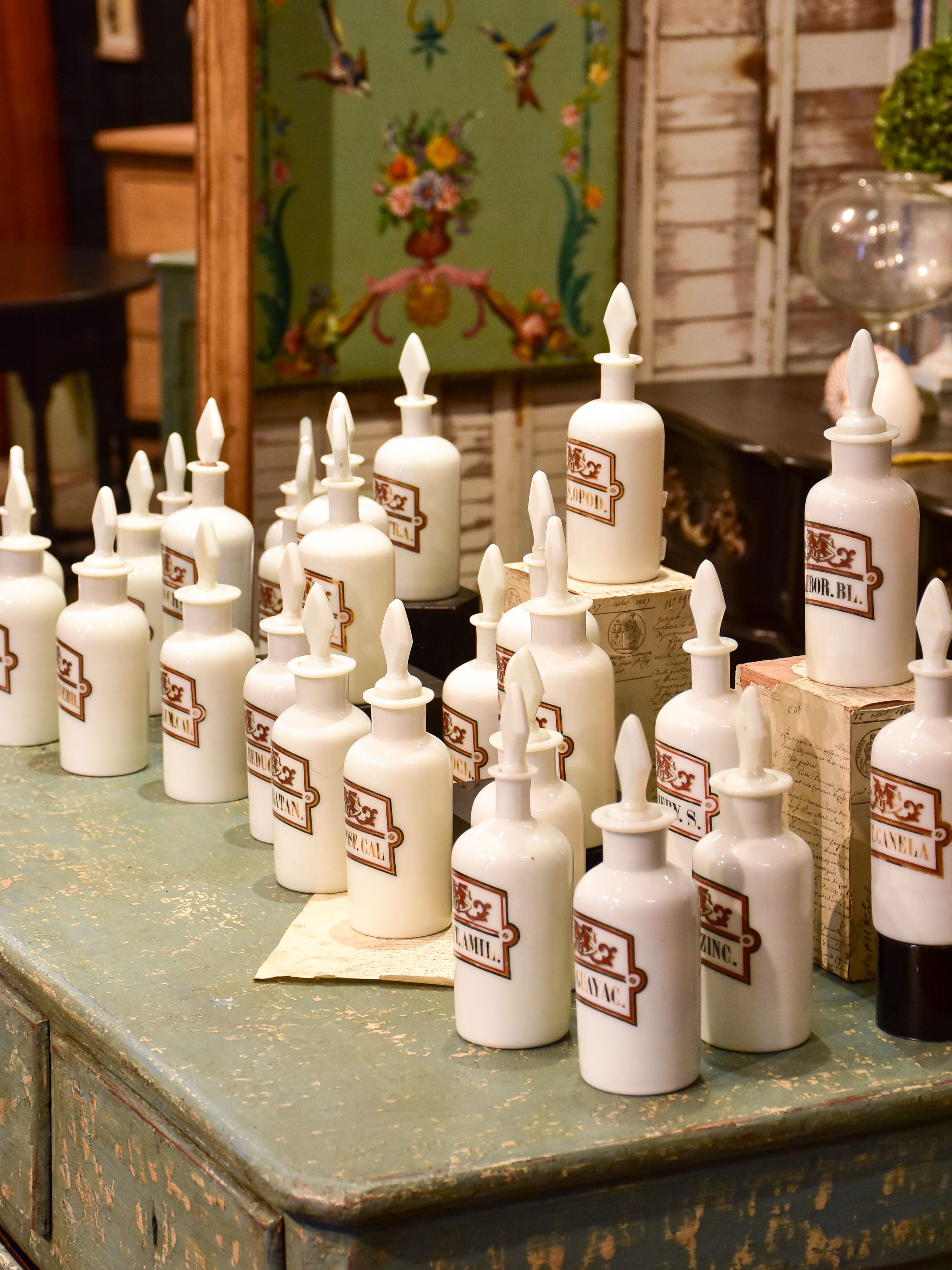 Set of 17 antique French opaline apothecary flasks
