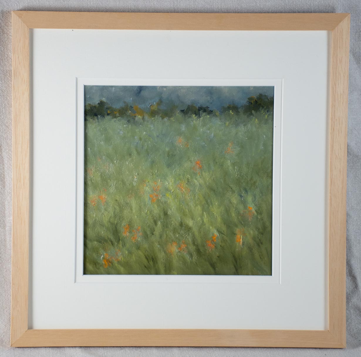 Antique, oil-painted, orange flower field