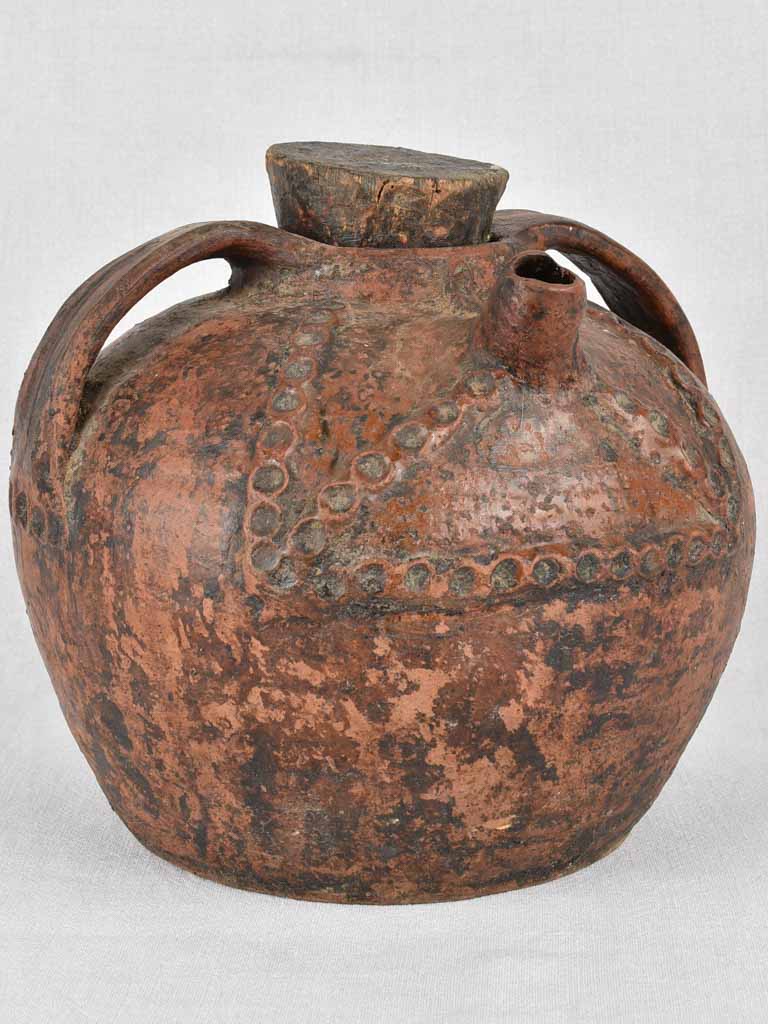 Oil jar, red w/ stopper, French antique, 11"