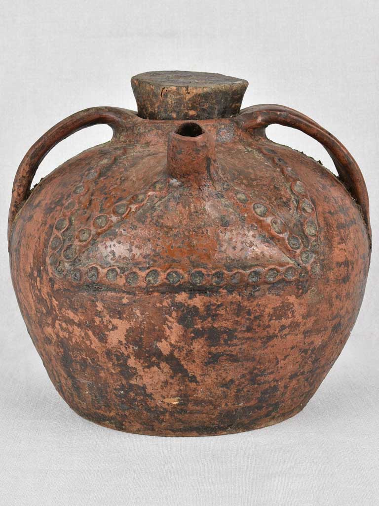 Oil jar, red w/ stopper, French antique, 11"