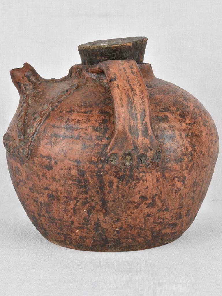 Oil jar, red w/ stopper, French antique, 11"