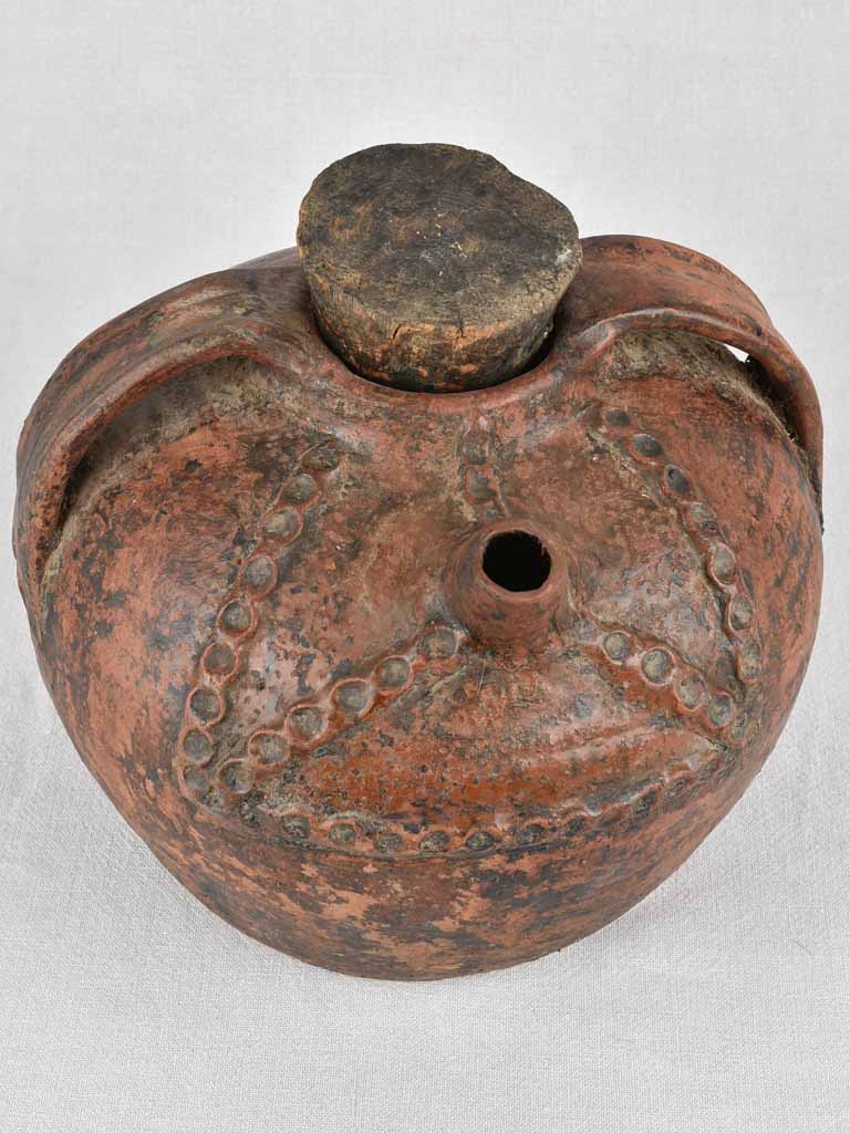Oil jar, red w/ stopper, French antique, 11"