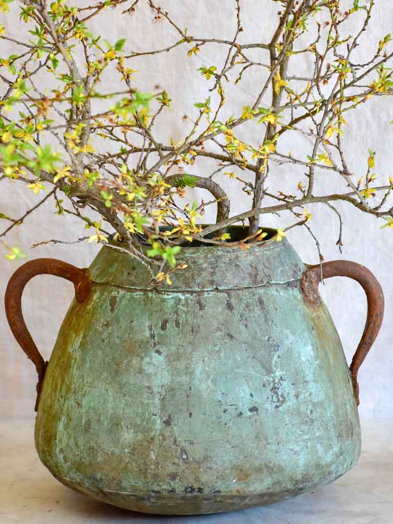 Antique French copper cauldron with two handles and blue patina