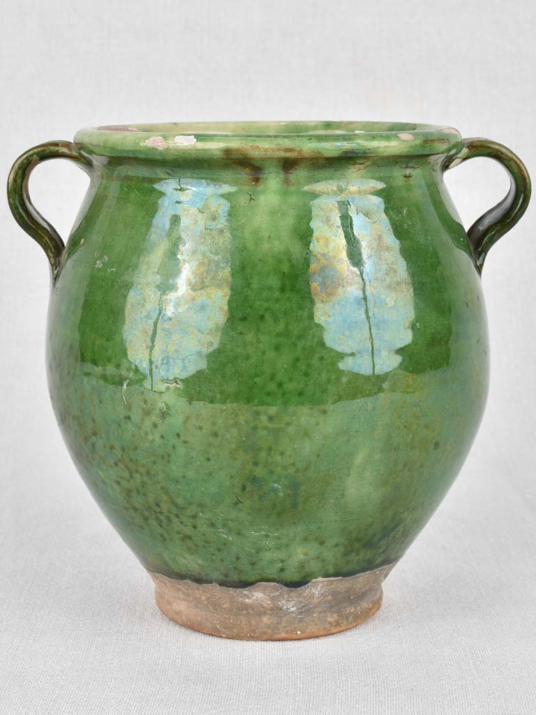 Confit pot, antique French, green glaze, small 7½"