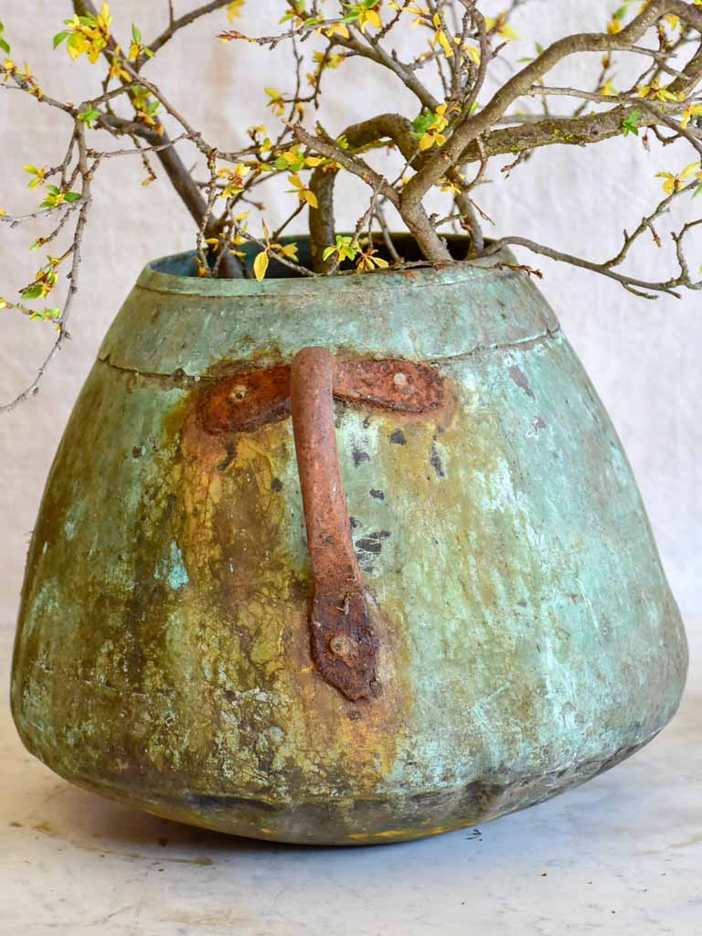 Antique French copper cauldron with two handles and blue patina