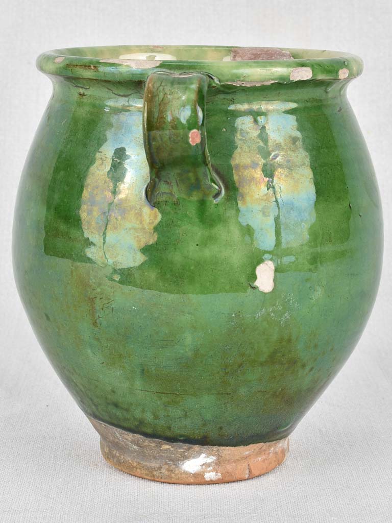 Confit pot, antique French, green glaze, small 7½"