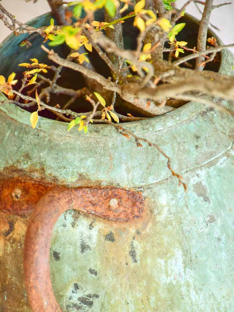 Antique French copper cauldron with two handles and blue patina