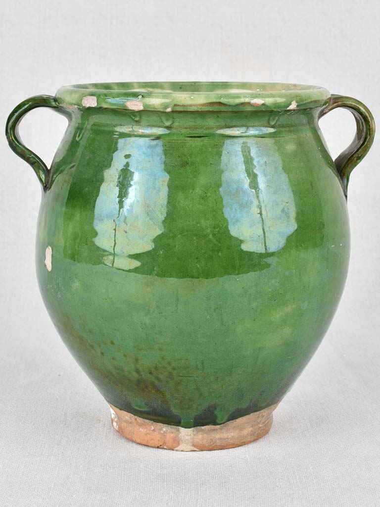 Confit pot, antique French, green glaze, small 7½"