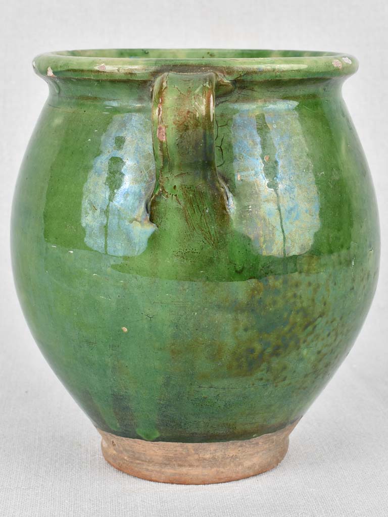 Confit pot, antique French, green glaze, small 7½"
