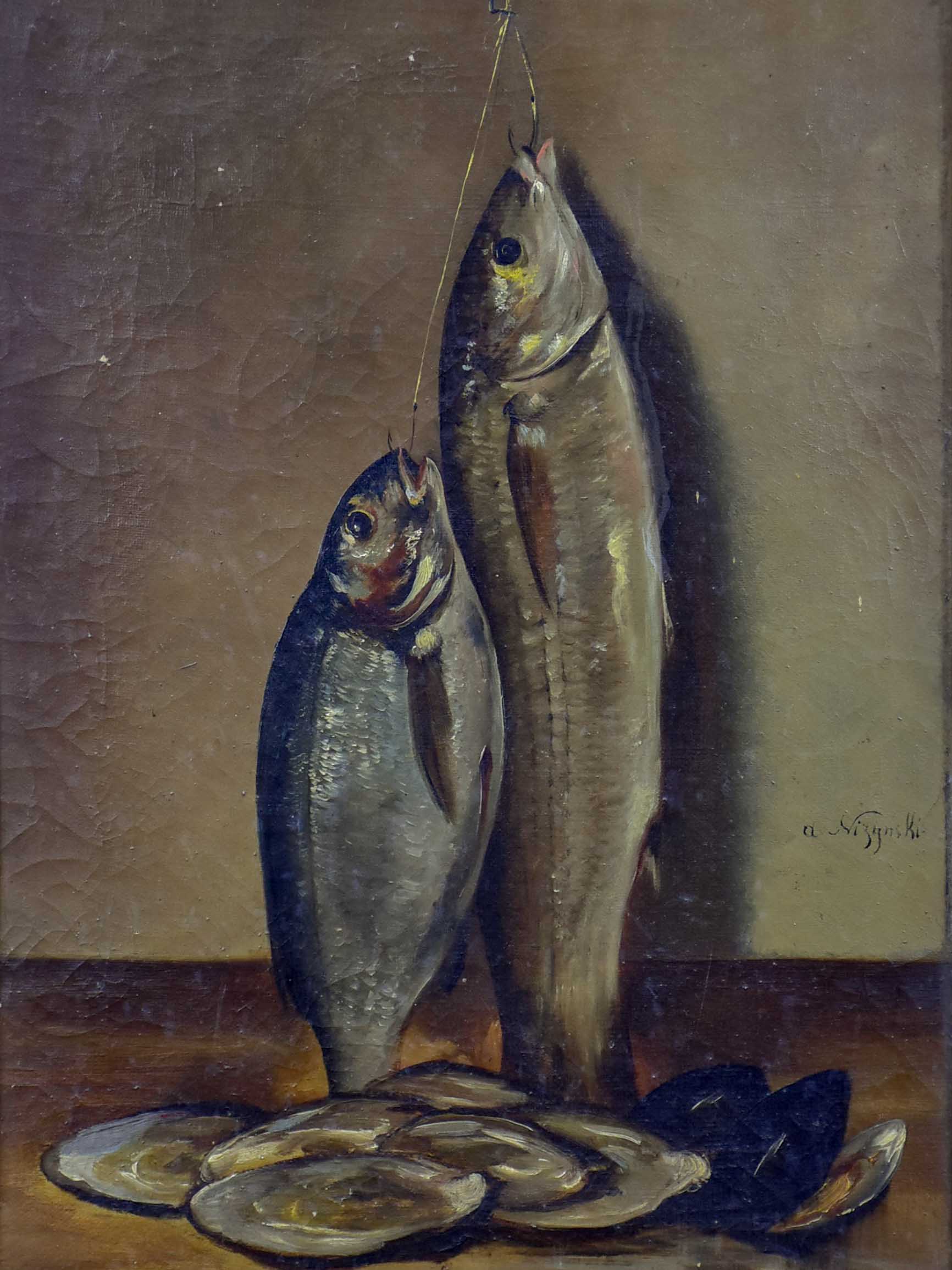 19th century painting still life fish by stream fly rod French Nice sable fish (black purse hook Color:White - Quart