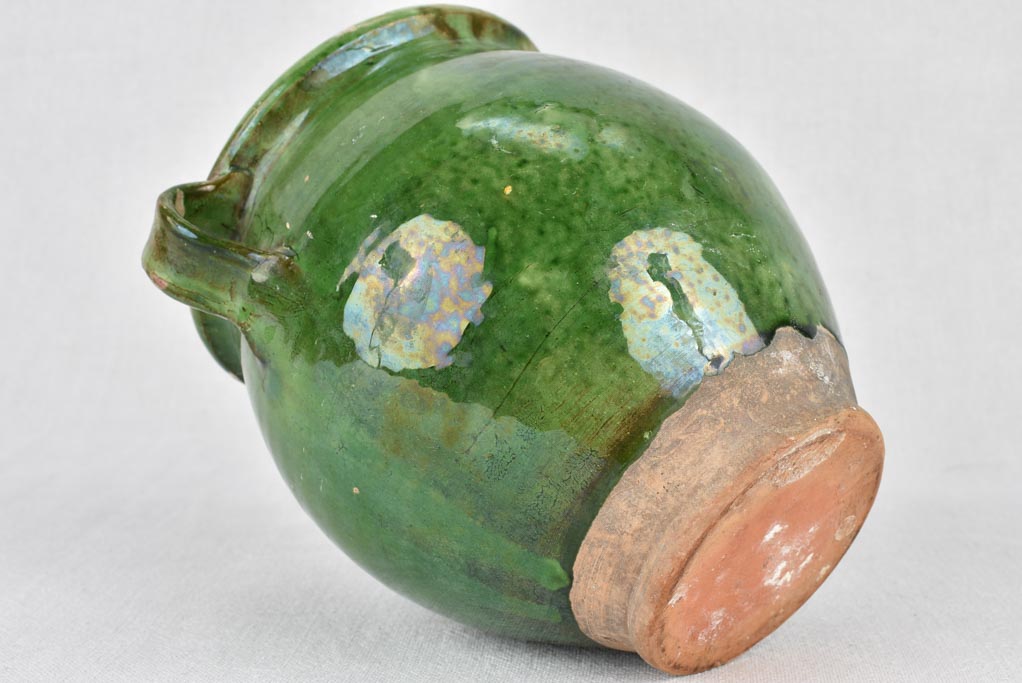 Confit pot, antique French, green glaze, small 7½"