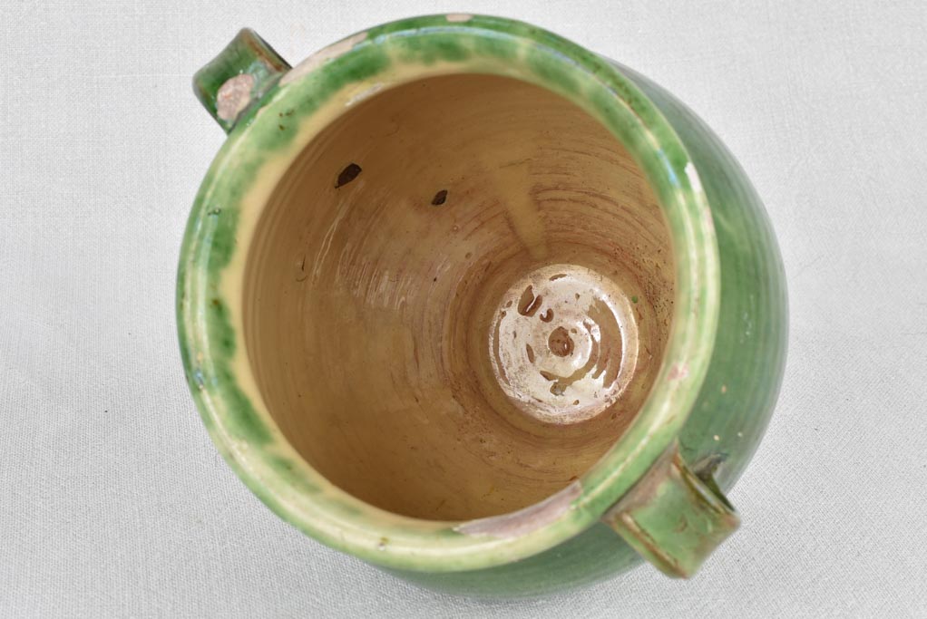 Confit pot, antique French, green glaze, small 7½"