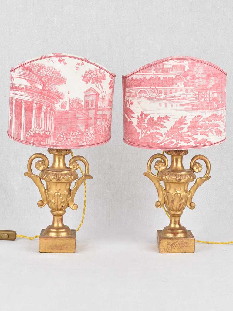 Gilt lamps, Toile de Jouy, 18th-century, 19¾" (2)