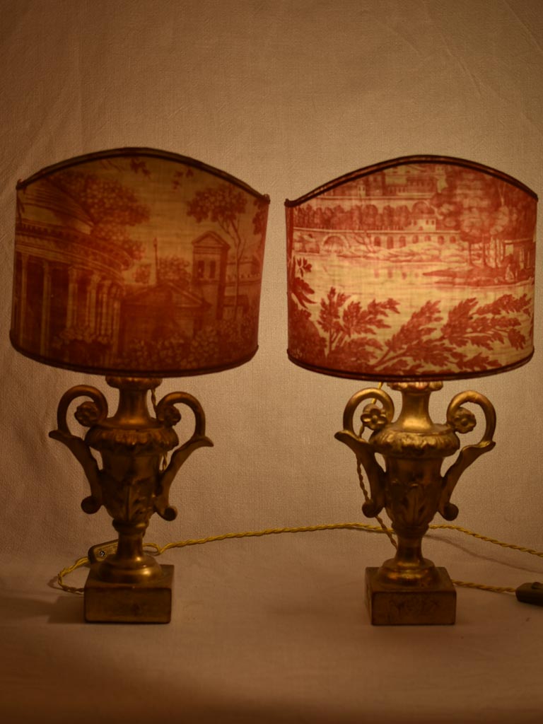 Gilt lamps, Toile de Jouy, 18th-century, 19¾" (2)