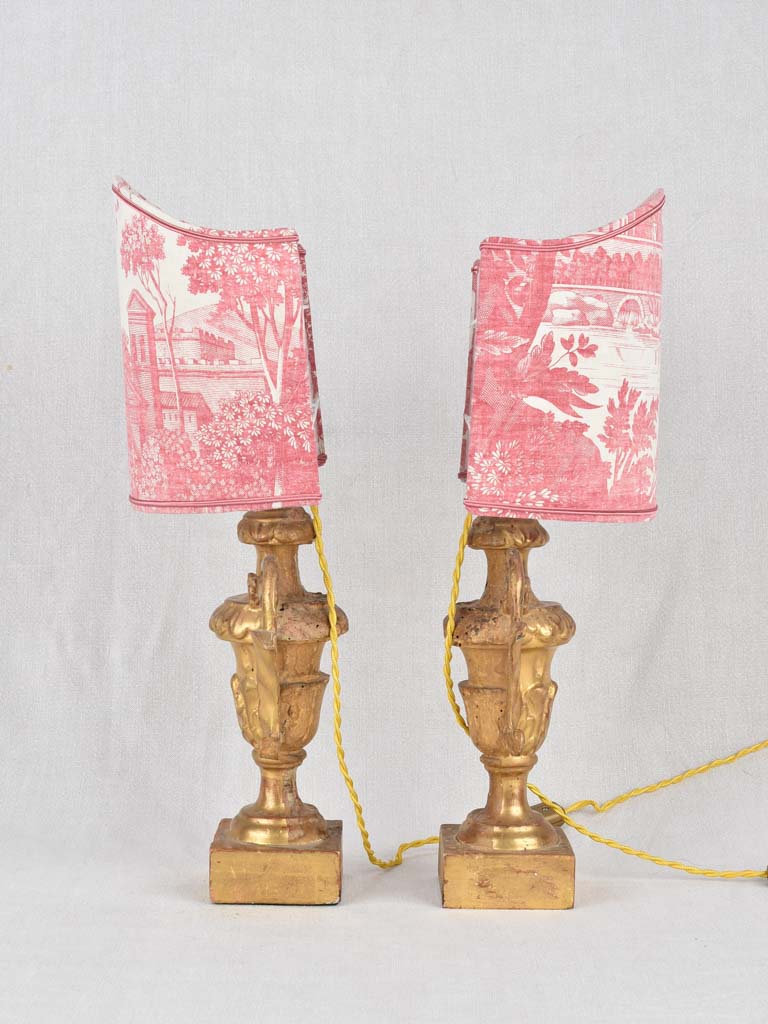 Gilt lamps, Toile de Jouy, 18th-century, 19¾" (2)
