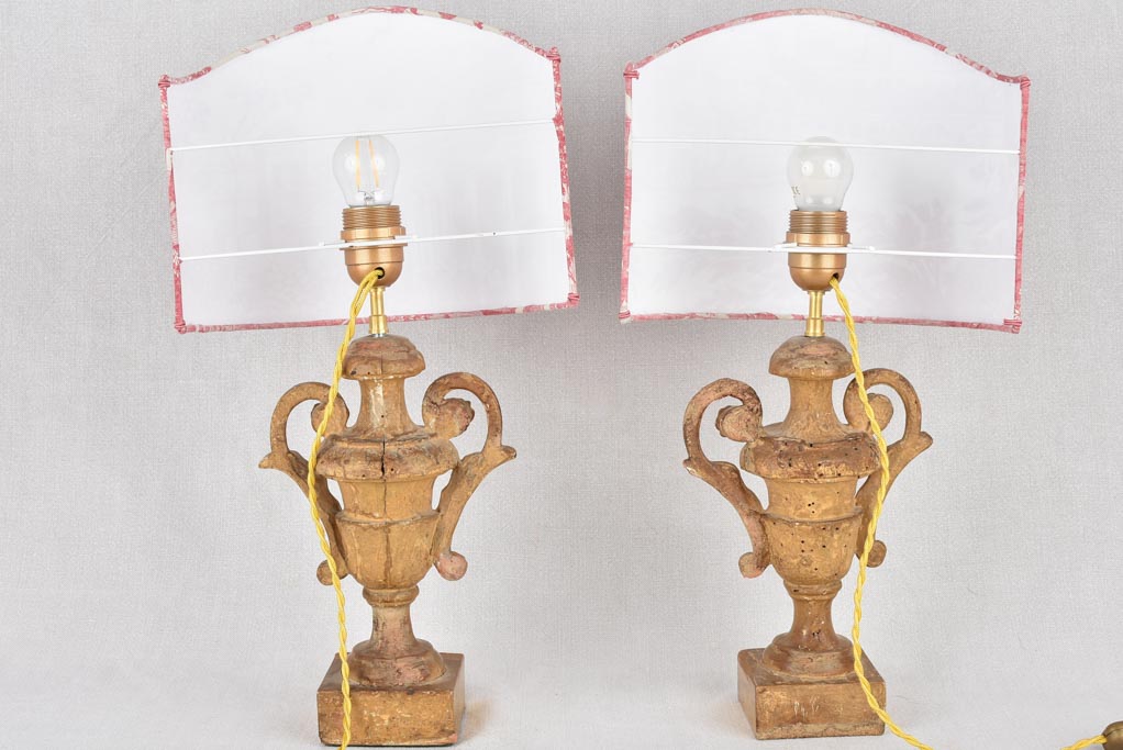 Gilt lamps, Toile de Jouy, 18th-century, 19¾" (2)