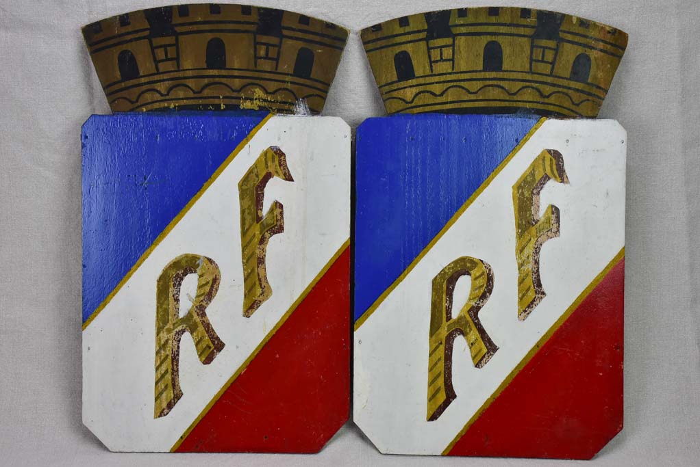 Pair of mid-century RF shields (Republique Francaise) 21¾" x 13"