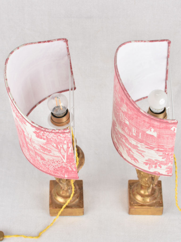 Gilt lamps, Toile de Jouy, 18th-century, 19¾" (2)