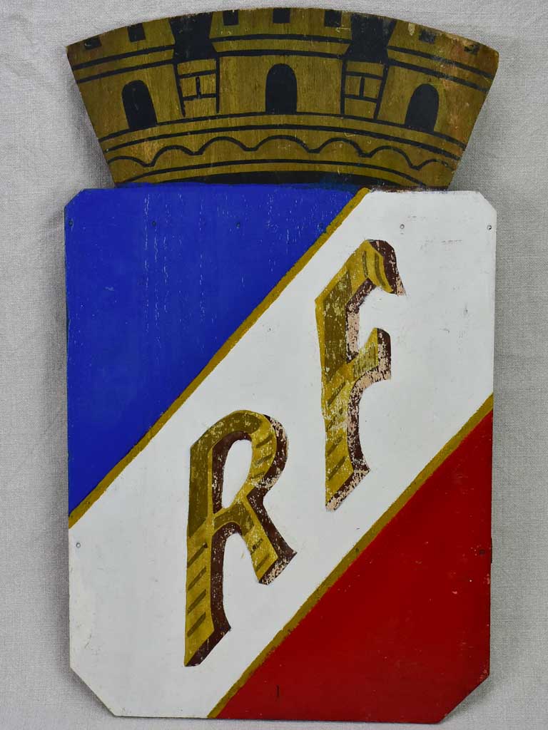 Pair of mid-century RF shields (Republique Francaise) 21¾" x 13"