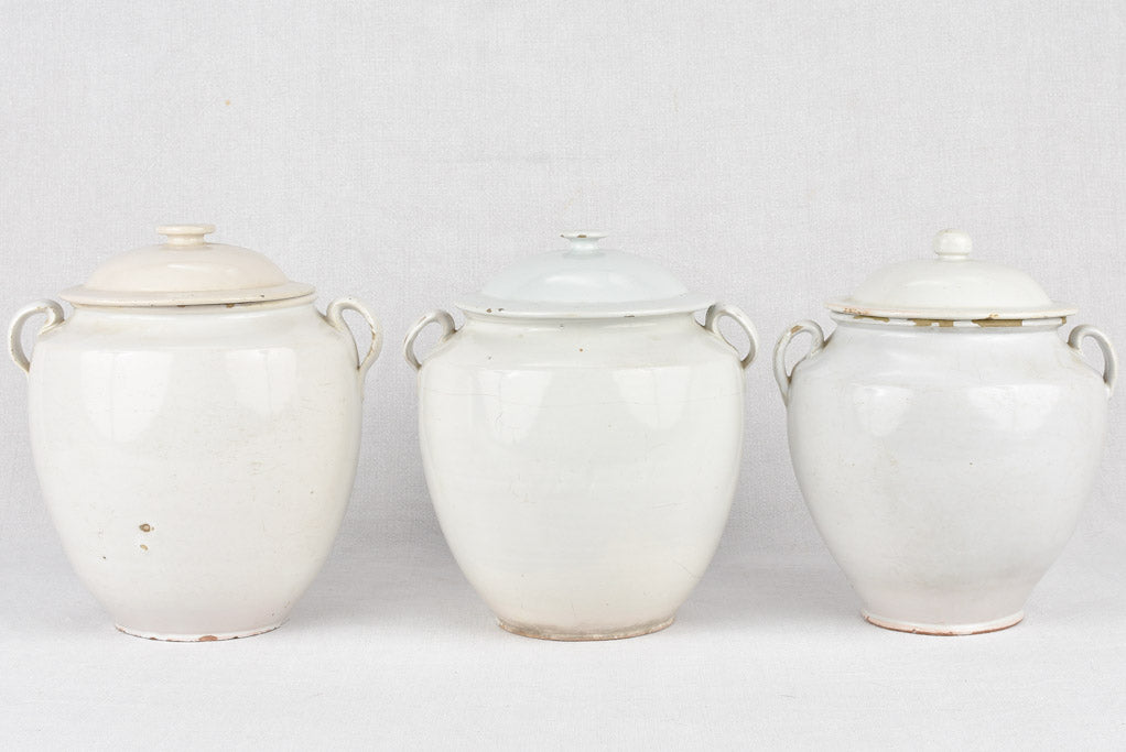 Preserving pots, white w/ lids (three)