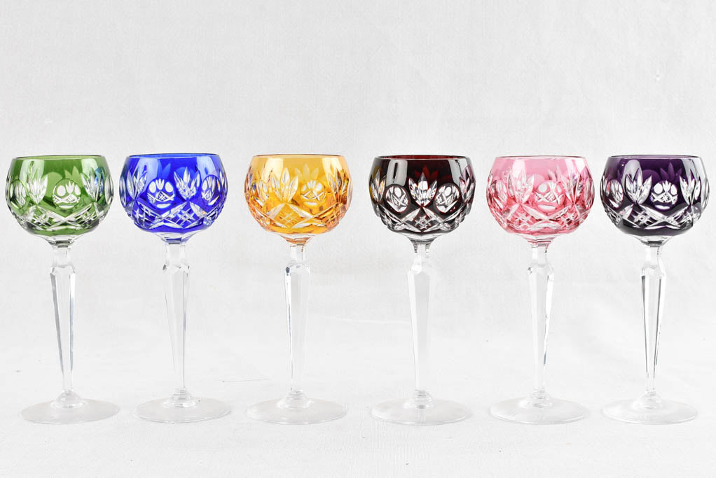 Set of 6 vintage multi color crystal wine glasses 8"