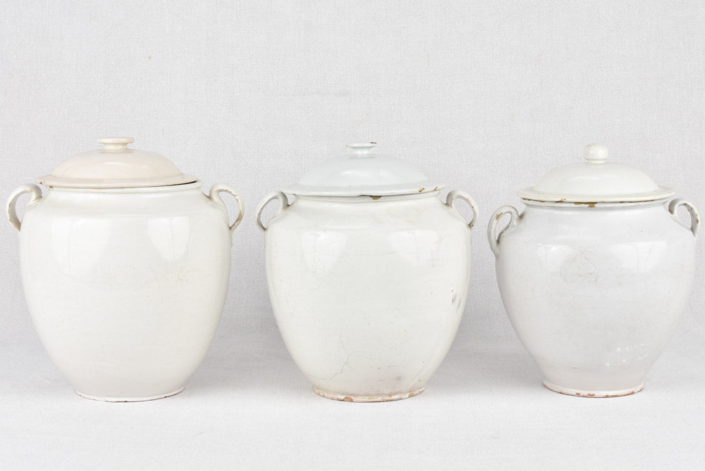 Preserving pots, white w/ lids (three)